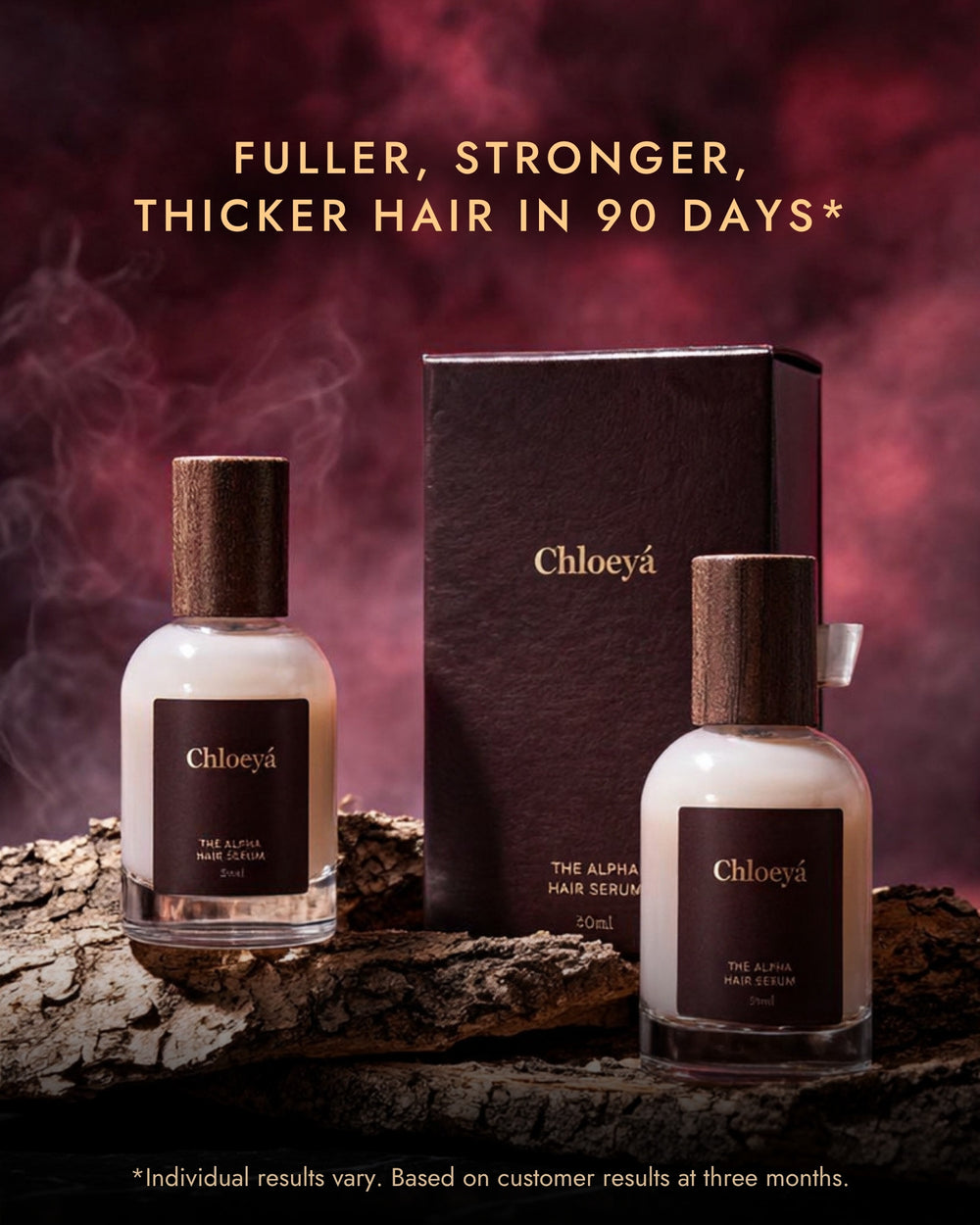 The Alpha Hair Serum bottle and box. Fuller, stronger, thicker hair in 90 days