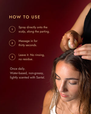 How to use: spray onto the scalp along the parting, massage in for thirty seconds, leave it