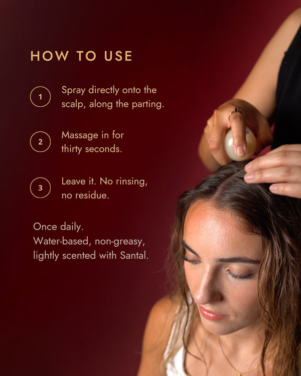 How to use: spray onto the scalp along the parting, massage in for thirty seconds, leave it